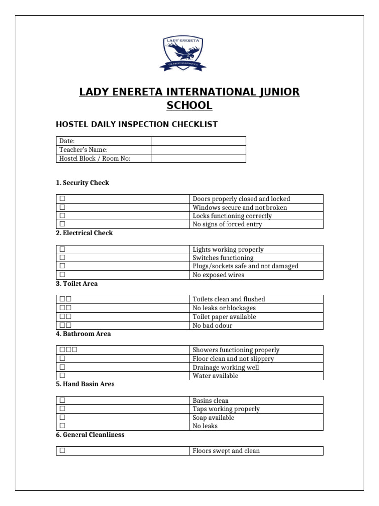 Hostel Daily Inspection Checklist (1) | PDF