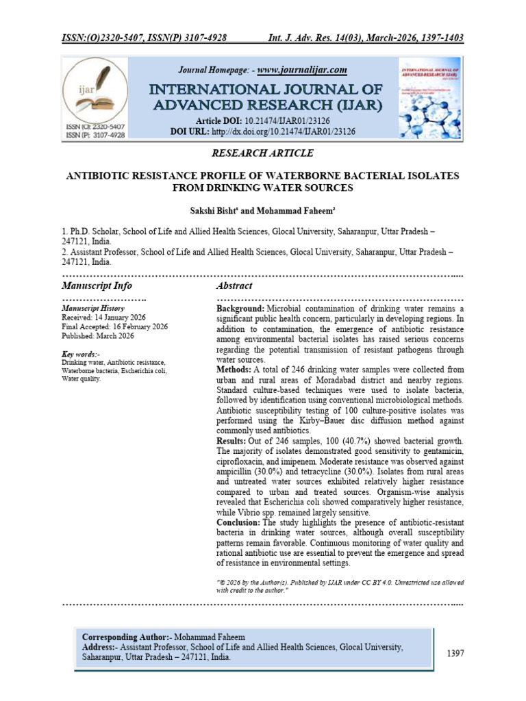 ANTIBIOTIC RESISTANCE PROFILE OF WATERBORNE BACTERIAL ISOLATES FROM ...