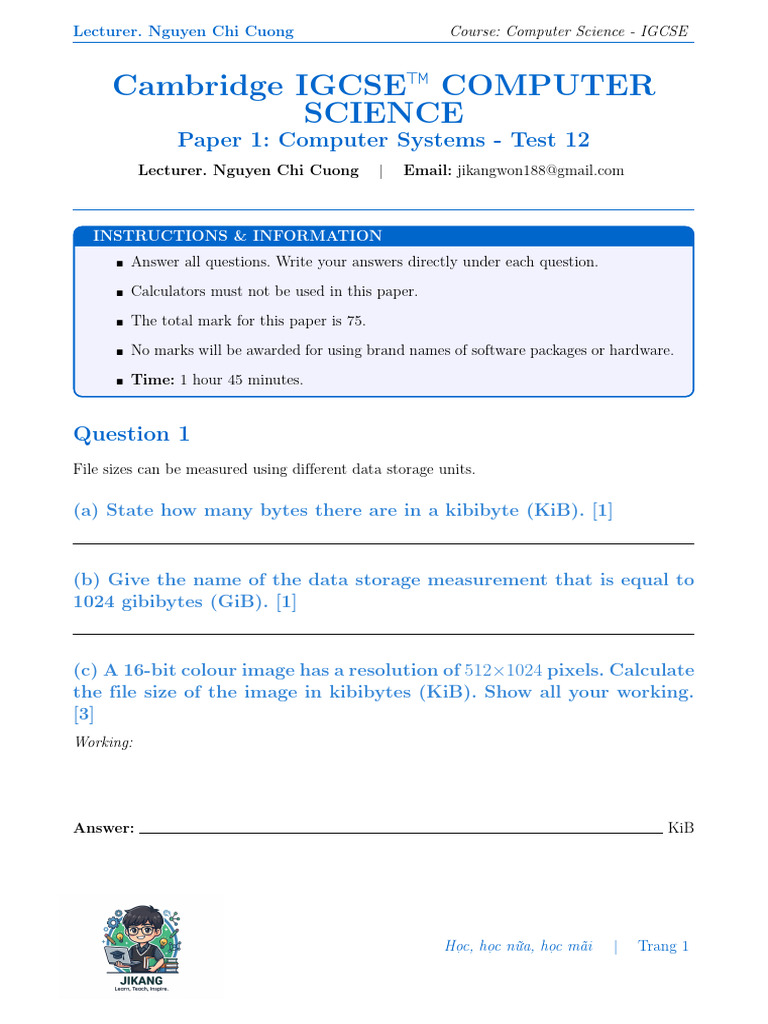 Paper 1 - Test 12 - IGCSE CS | PDF | Computer Data Storage | Byte