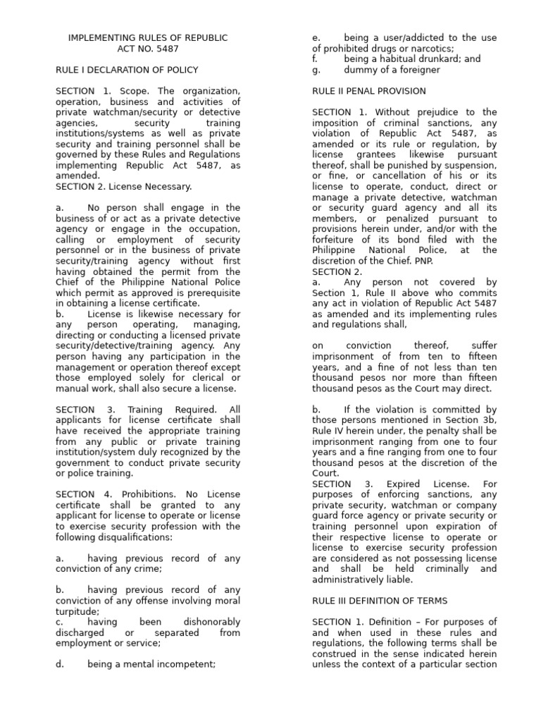 Implementing Rules of Republic Act No. 5487 | PDF | Security Guard ...