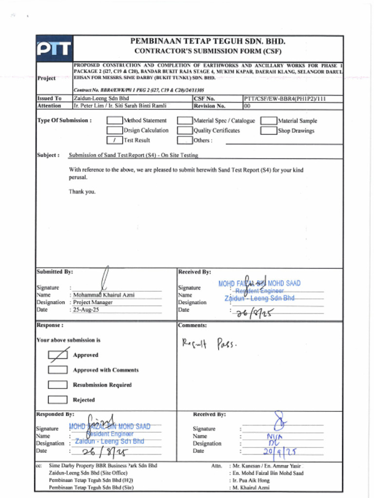PTT CSF 111 Submission of Sand Test Report (S4) - On Site Testing | PDF
