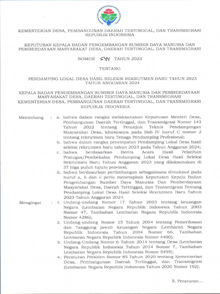 SK 544 - PLD Hasil Rekrutmen Baru Tahun 2023 TA 2024 | PDF