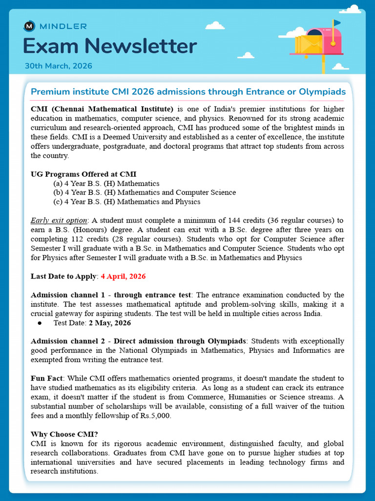 Mindler Exam Newsletter 30th March, 2026 | PDF | University And College ...