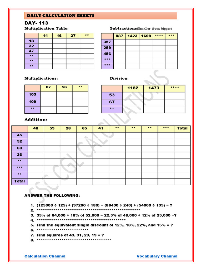 Day 113 Calculation Sheet Sample | PDF
