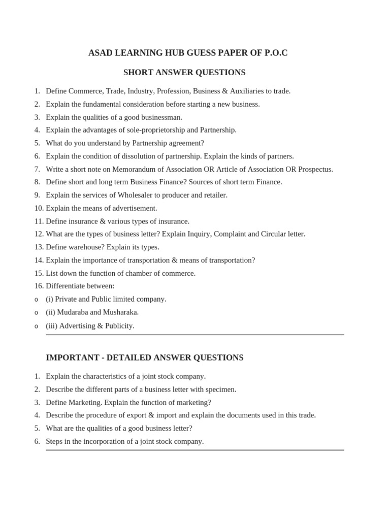 Asad Learning Hub Guess Paper of Poc | PDF