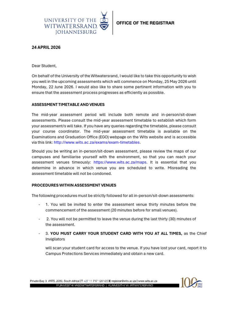 Assessment Letter to Students April 2026 | PDF