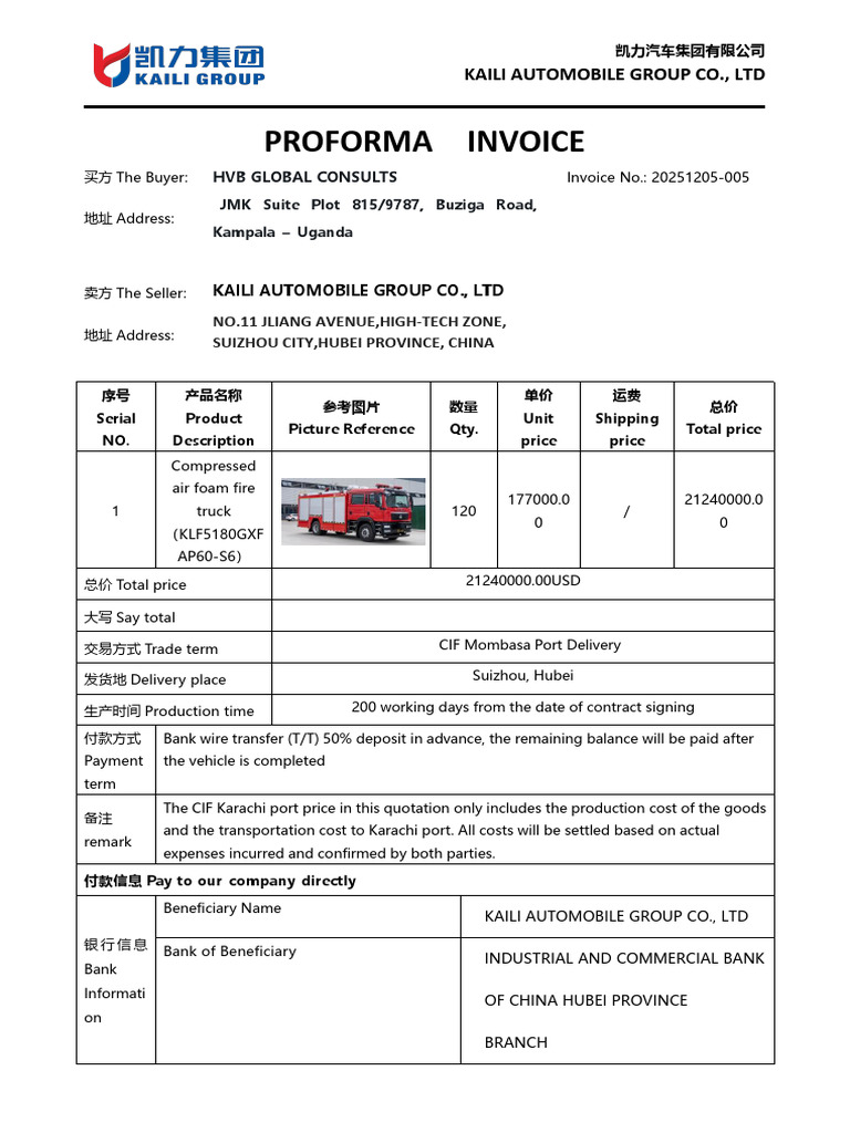Proforma Invoice for Compressed Air Foam Fire Truck | PDF | Business