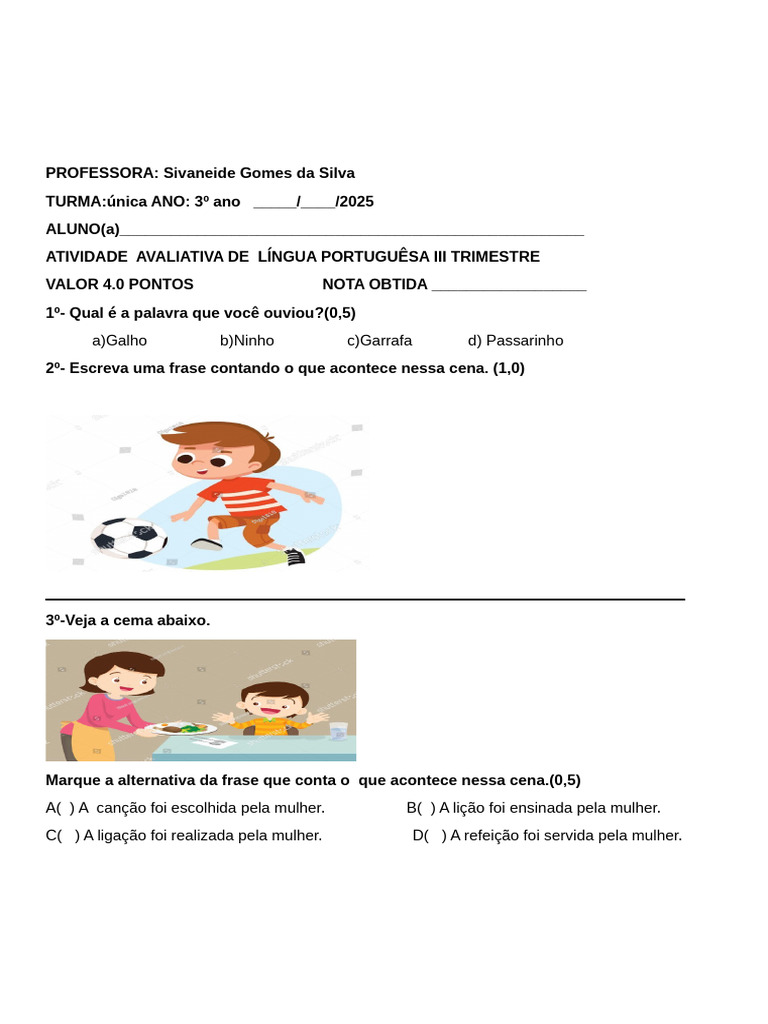 Atividade Avaliativa III Trimestre Lingua Portuguesa | PDF