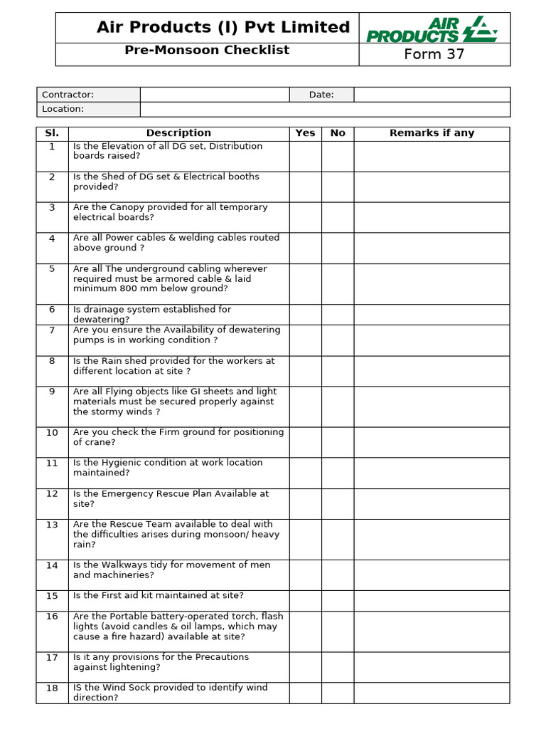 FORM.37 Pre Monsoon Checklist | PDF