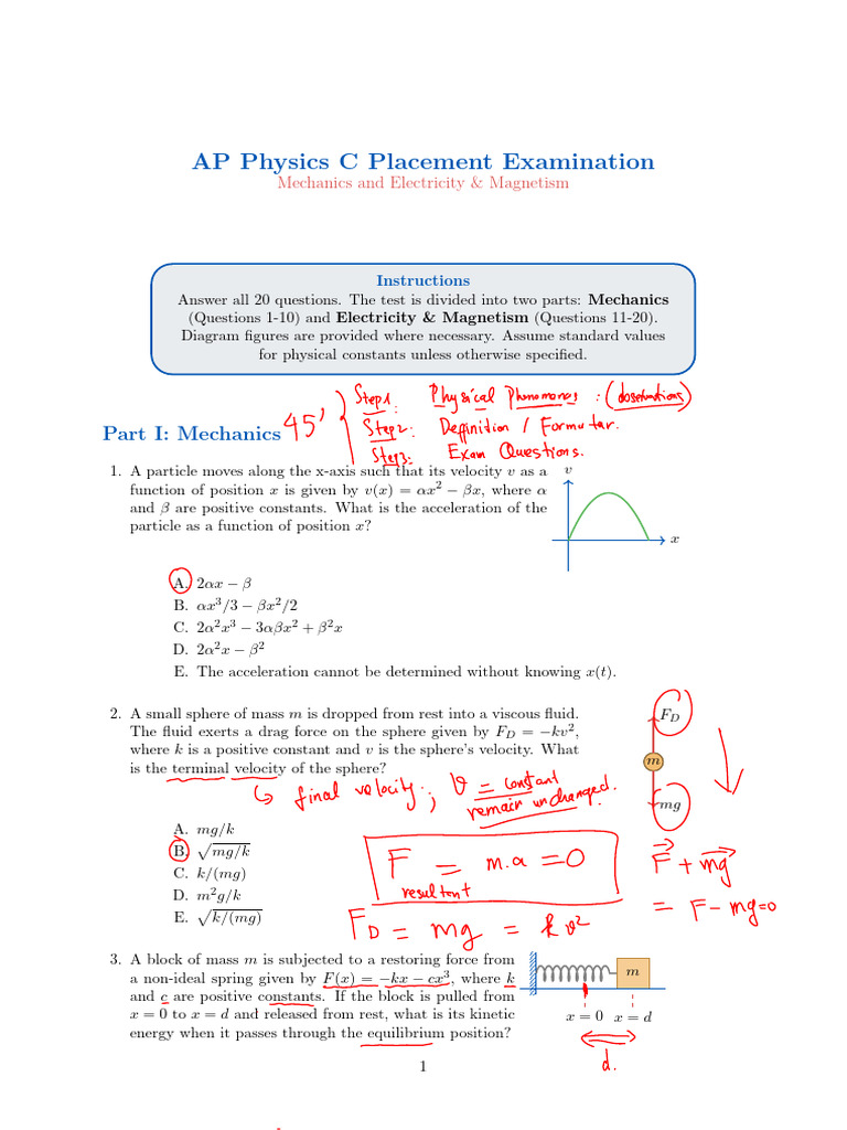 AP Physics C Placement Test | PDF | Capacitance | Force