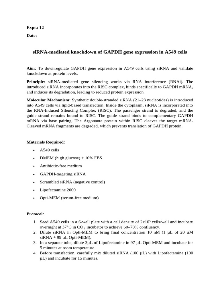 ABT Expt 12 SiRNA Mediated Knockdown of GAPDH Gene Expression | PDF ...