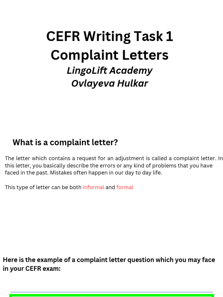CEFR Writing Task 1 Complaint Letters LingoLift Academy Ovlayeva Hulkar ...