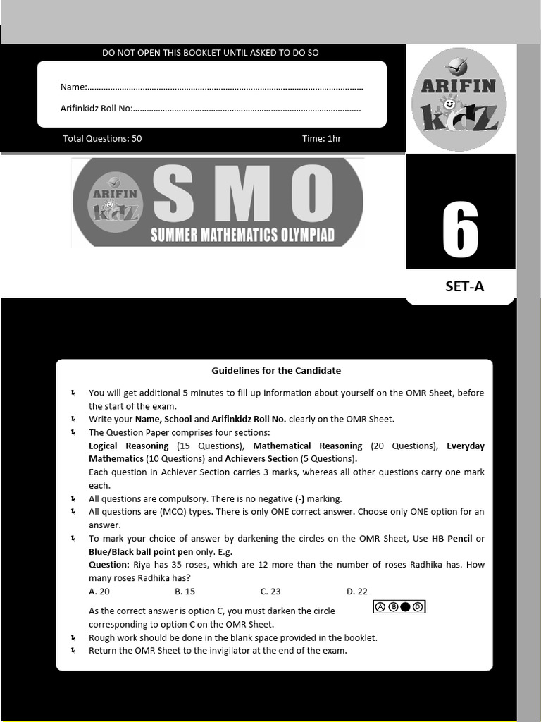 Arifinkidz Summer Mathematics Olympiad SMO 2023 Question Paper Grade 6 ...
