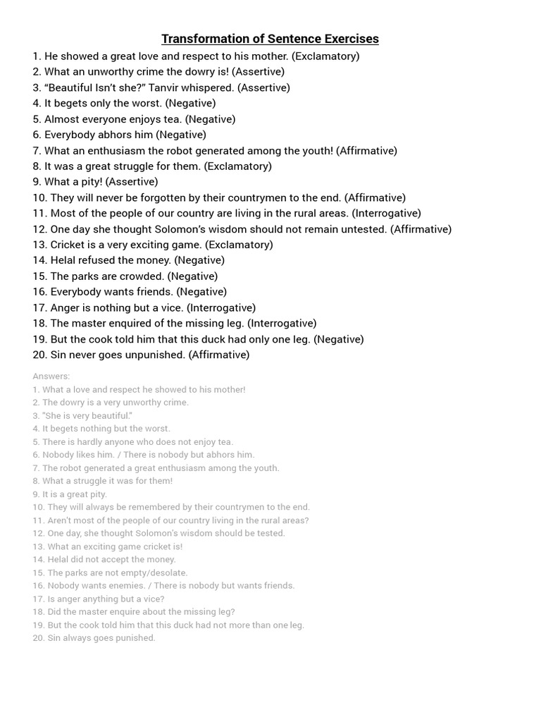 Transformation of Sentence Exercises Hsc | PDF