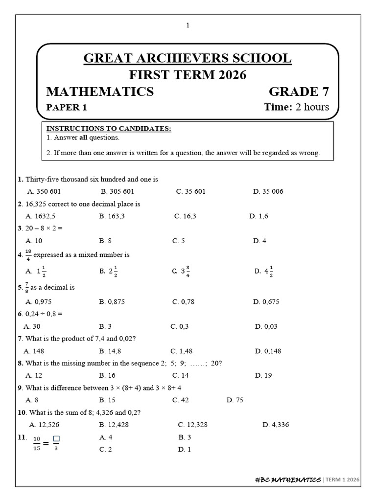 Grade 7 Hbc Mathematics Paper 1 Term 1 2026 | PDF | Numbers ...