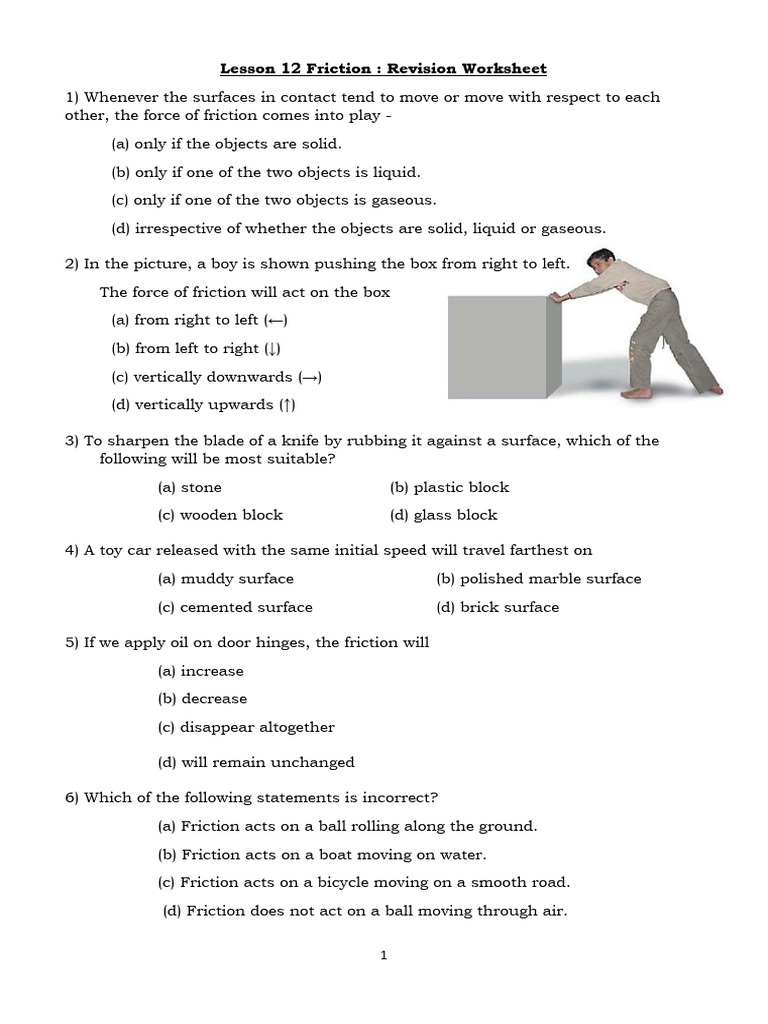 Lesson 9 Friction Revision Worksheet | PDF | Friction | Force