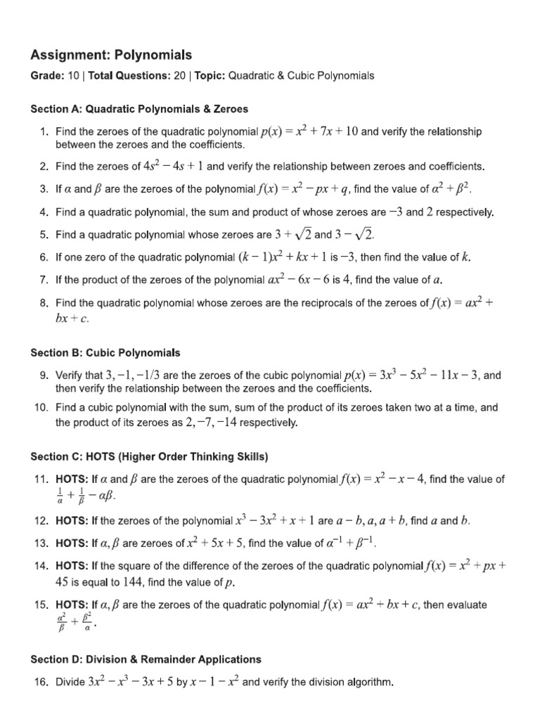 CBSE X Polynomials Assignement 1 | PDF