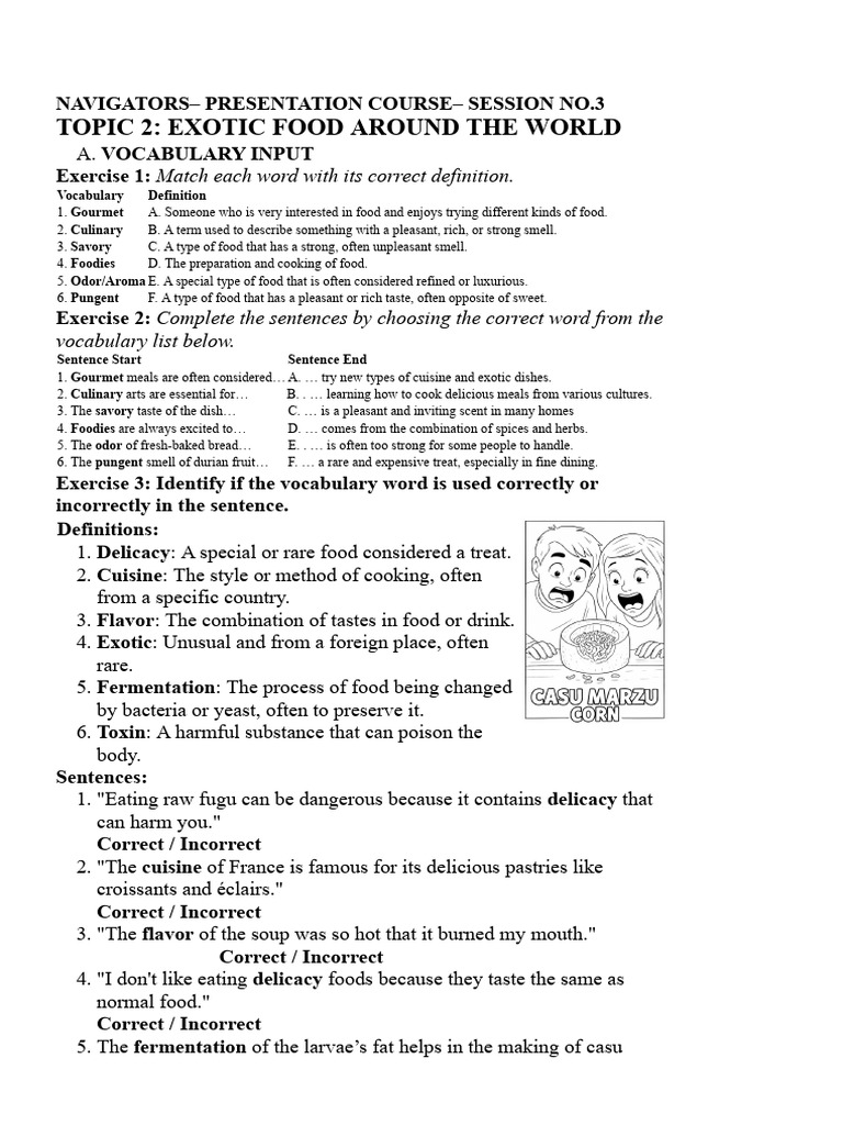 Topic 2 Exotic Food Worksheet.docx | PDF | Taste | Foods