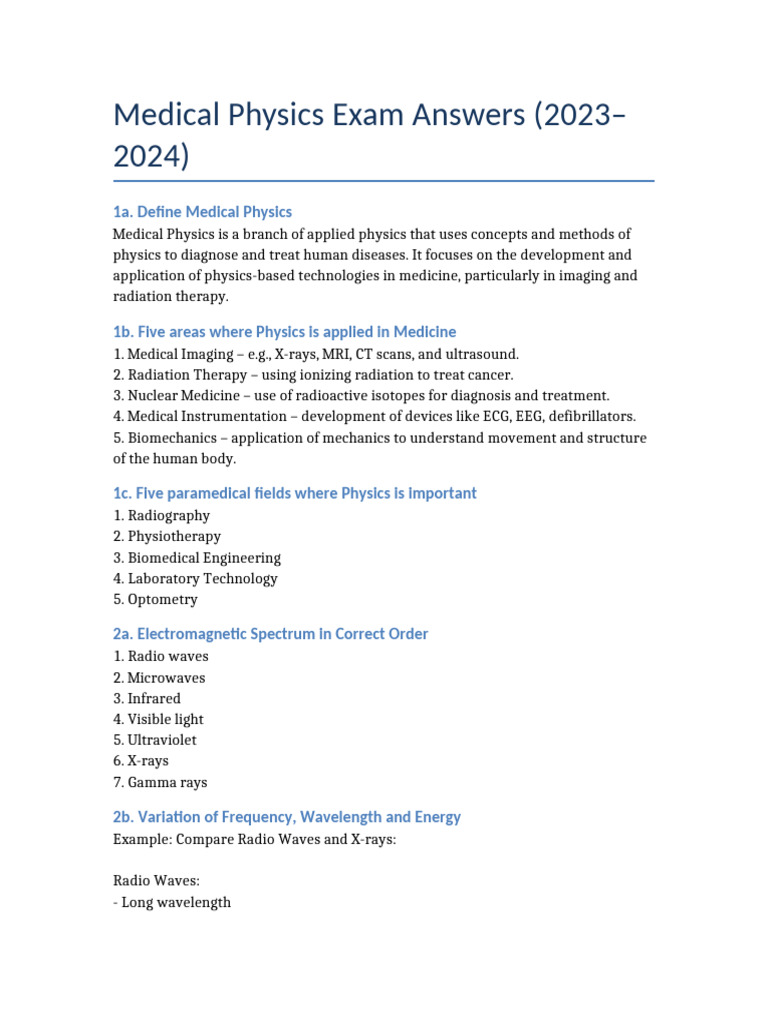 Medical Physics Exam Answers 2023-2024 | PDF | Radiation | X Ray