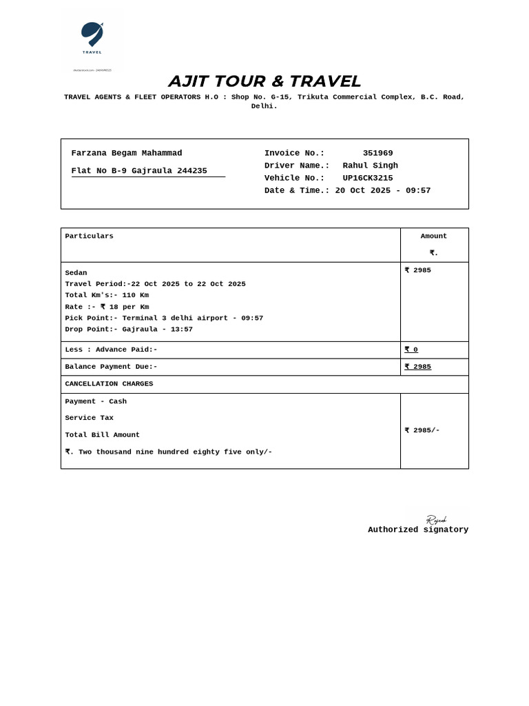 Cab & Travel Bill Template 3 | PDF