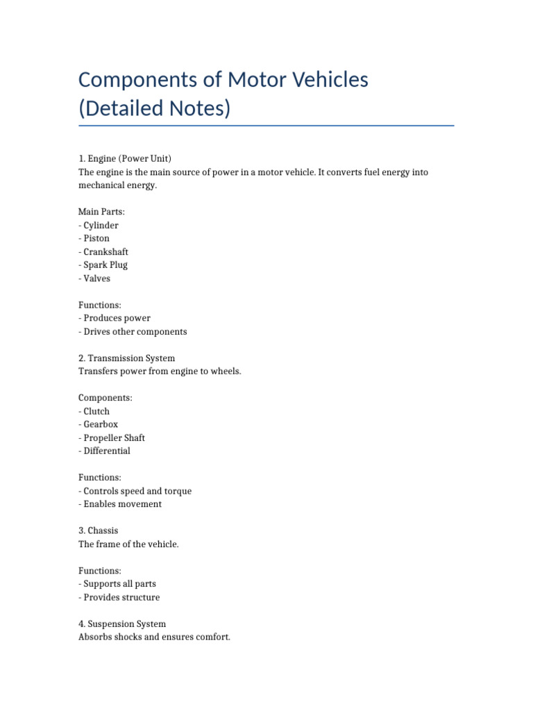 Motor Vehicle Components Notes-1 | PDF