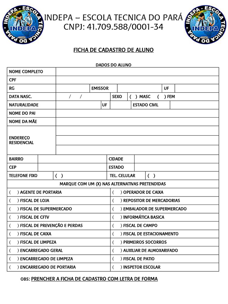 01 - Ficha de Inscrição Indepa | PDF