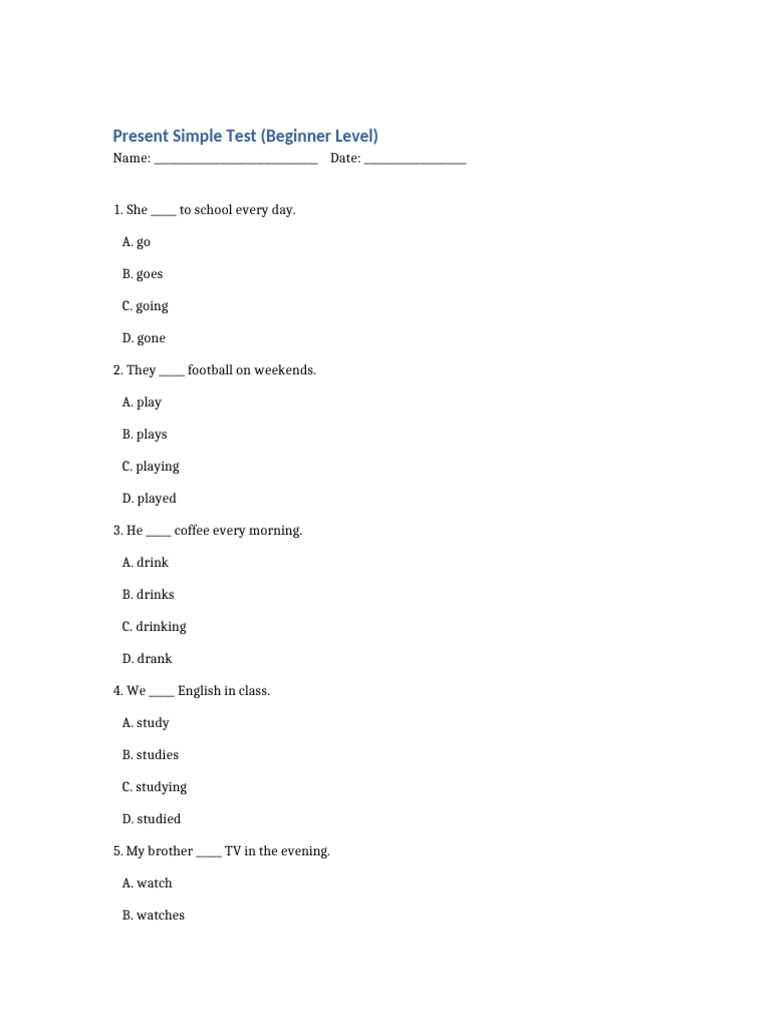 Present Simple Beginner Test 20 | PDF