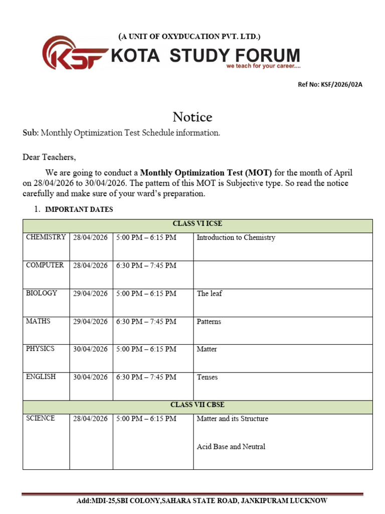 Mot April Notice for Students - Class Juniors | PDF | Physical Sciences