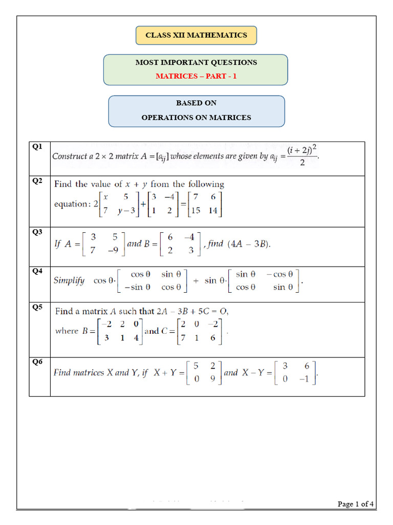 3q. Class Xii Maths -(Matrices) Most Important Questions (2025-26)-1 | PDF