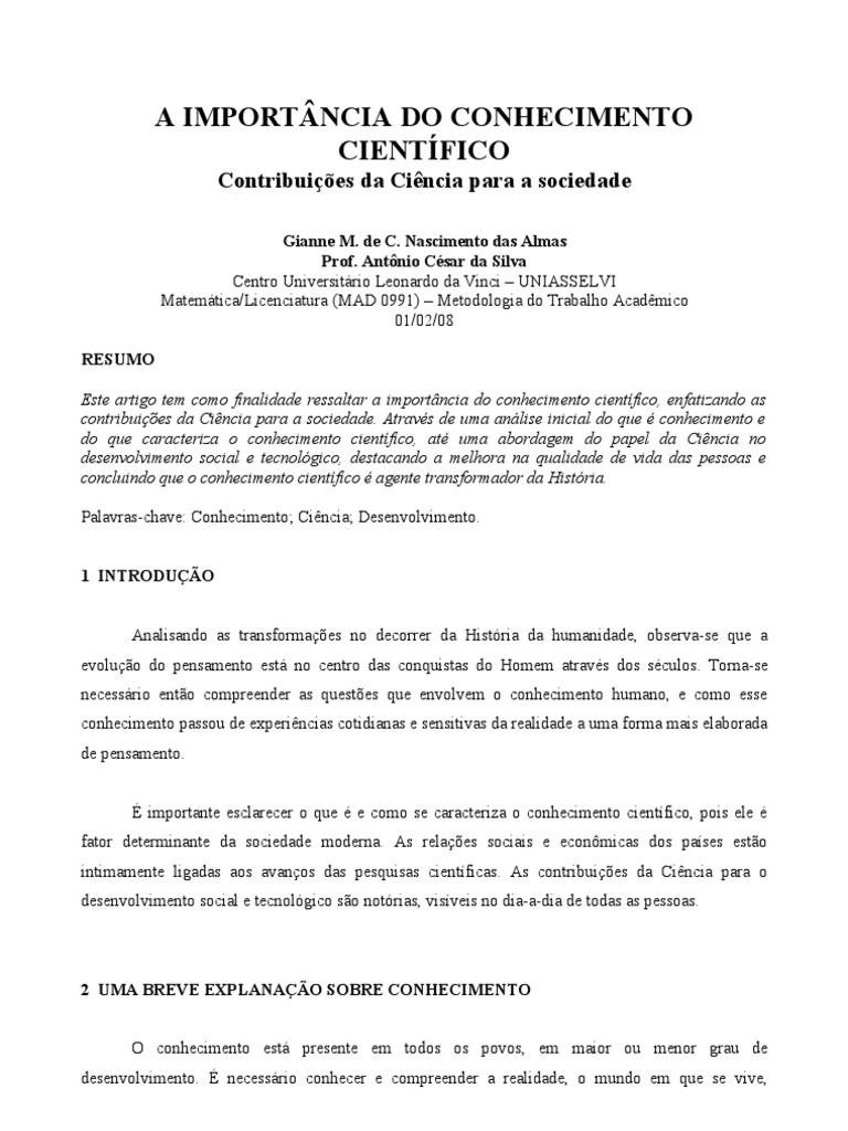 Importância do Conhecimento Científico | PDF | Science | Conhecimento