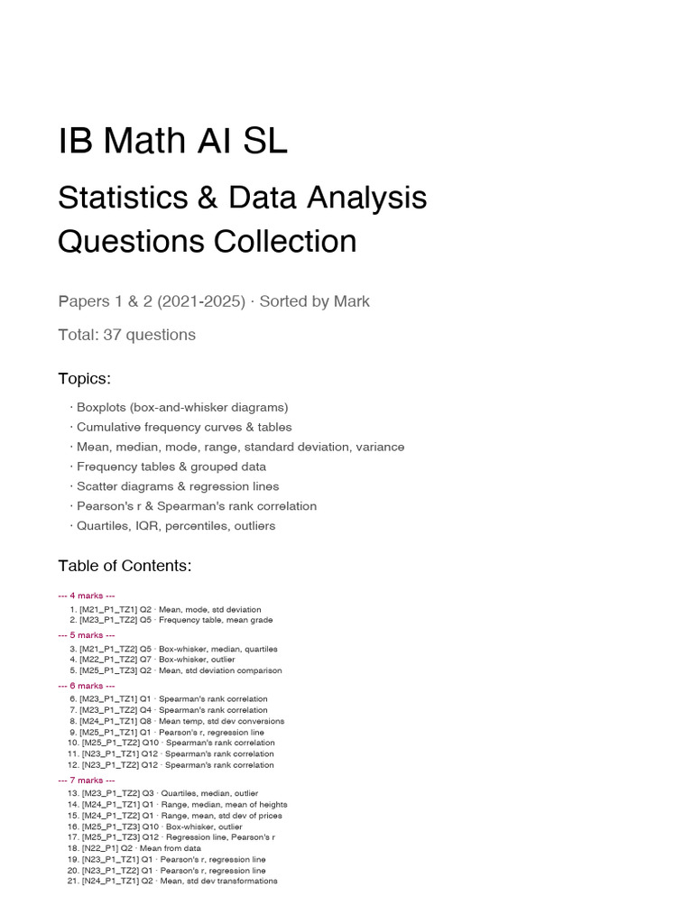 Math AI SL Statistics Data Questions Copy | PDF | Quartile | Data Analysis