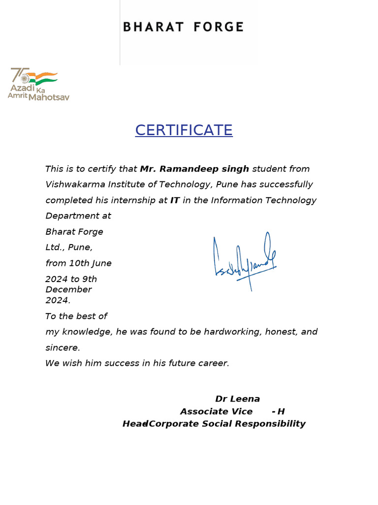 Bharat Forge Internship Letter | PDF