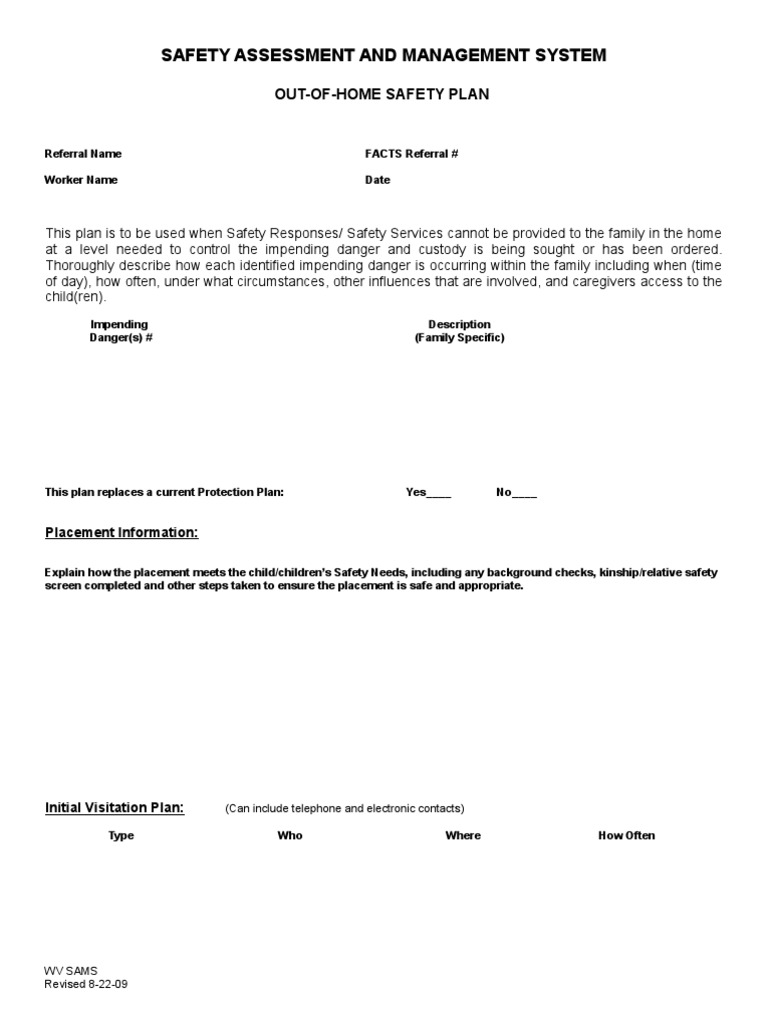West Virginia CPS OutOfHome Safety Plan Rev 2009 PDF