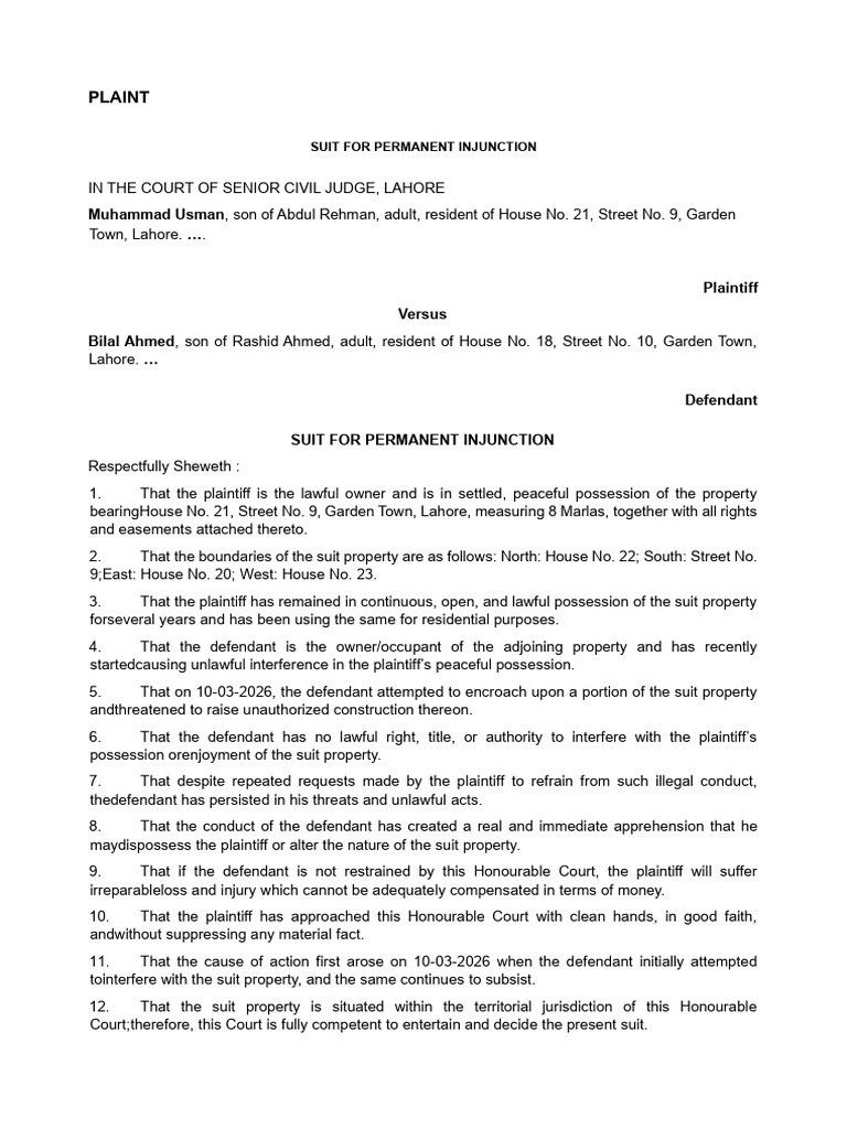 Suit for Permanent Injunction-Rania | PDF | Lawsuit | Public Law