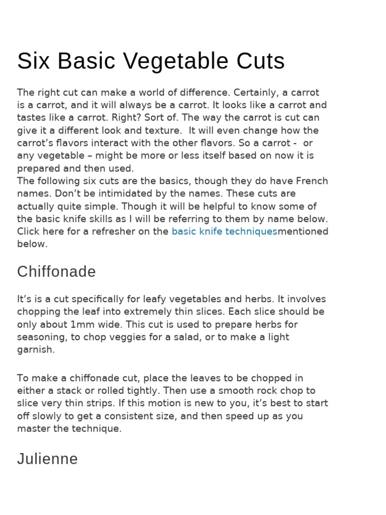 Six Basic Vegetable Cuts-1 | PDF | Foods | Cuisine