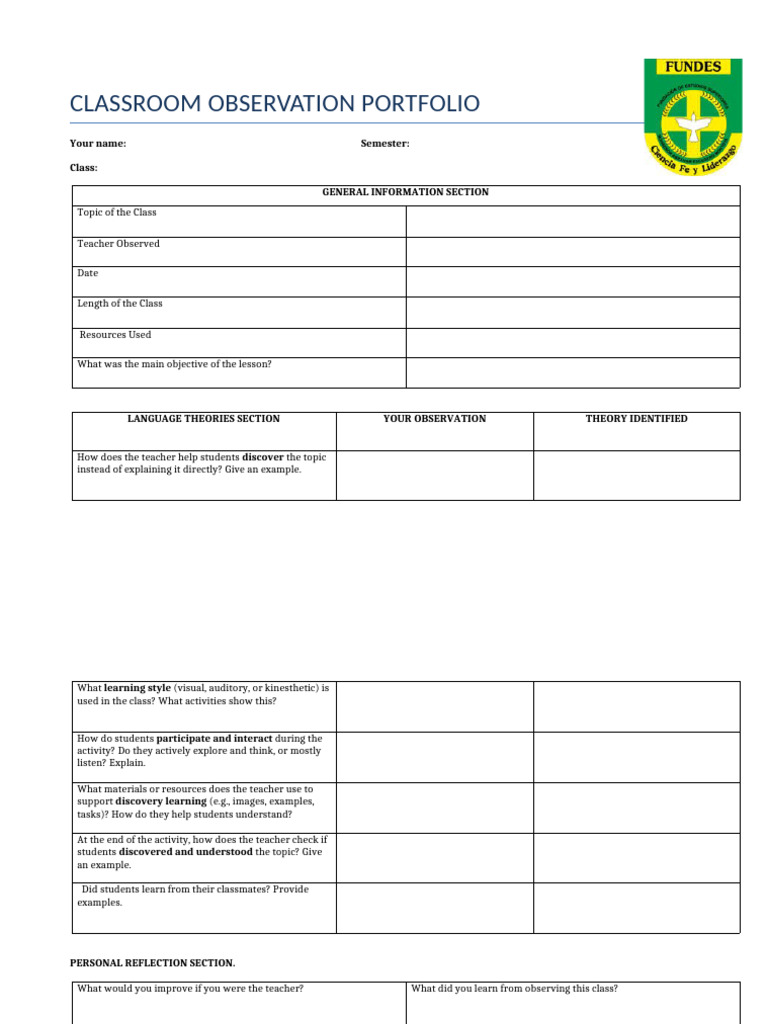 Classroom Observation Portfolio | PDF