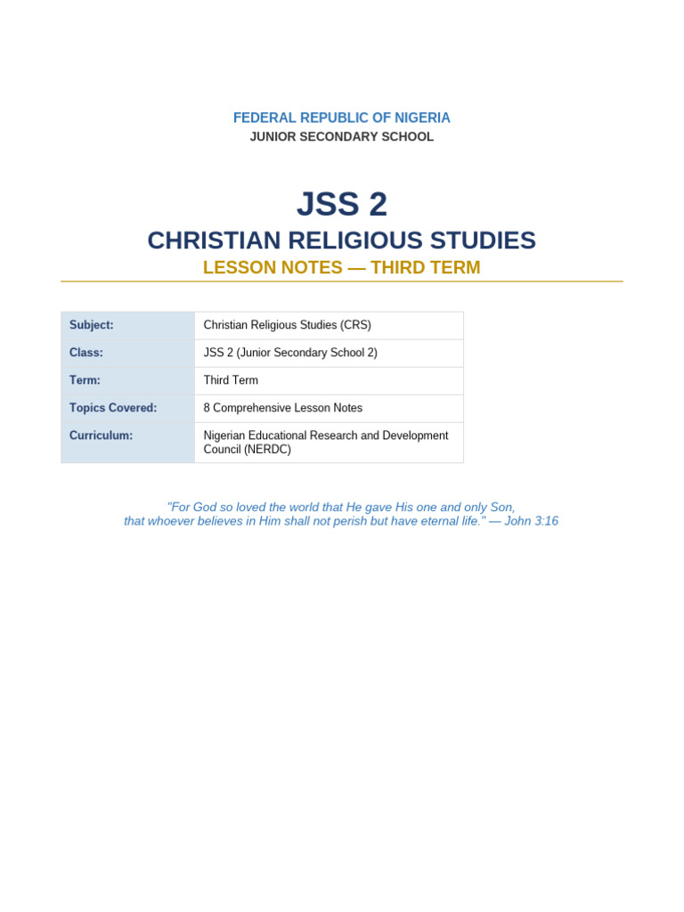JSS2 CRS Lesson Notes Third Term | PDF | Last Supper | Jesus