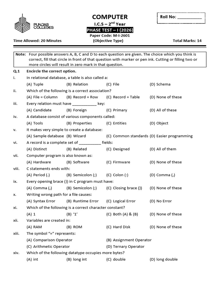 Computer - II PT-1 2026 (M-1 2601 Morning) | PDF | Databases | Computer ...