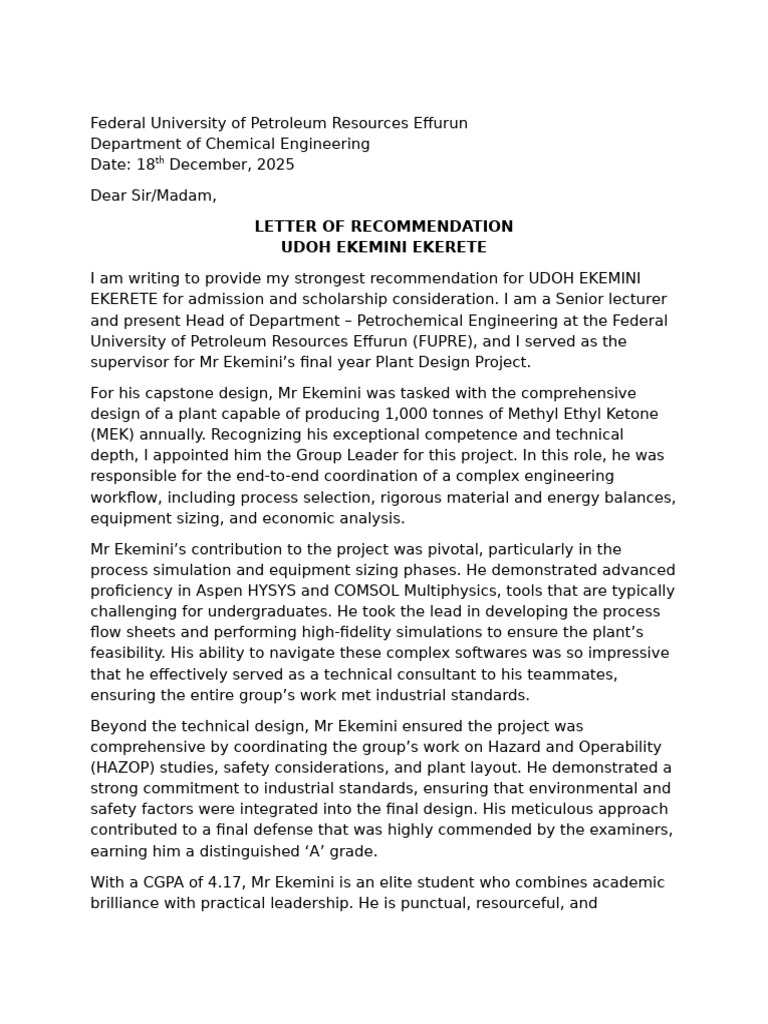 Recommendation Letter HOD Petrochemical | PDF