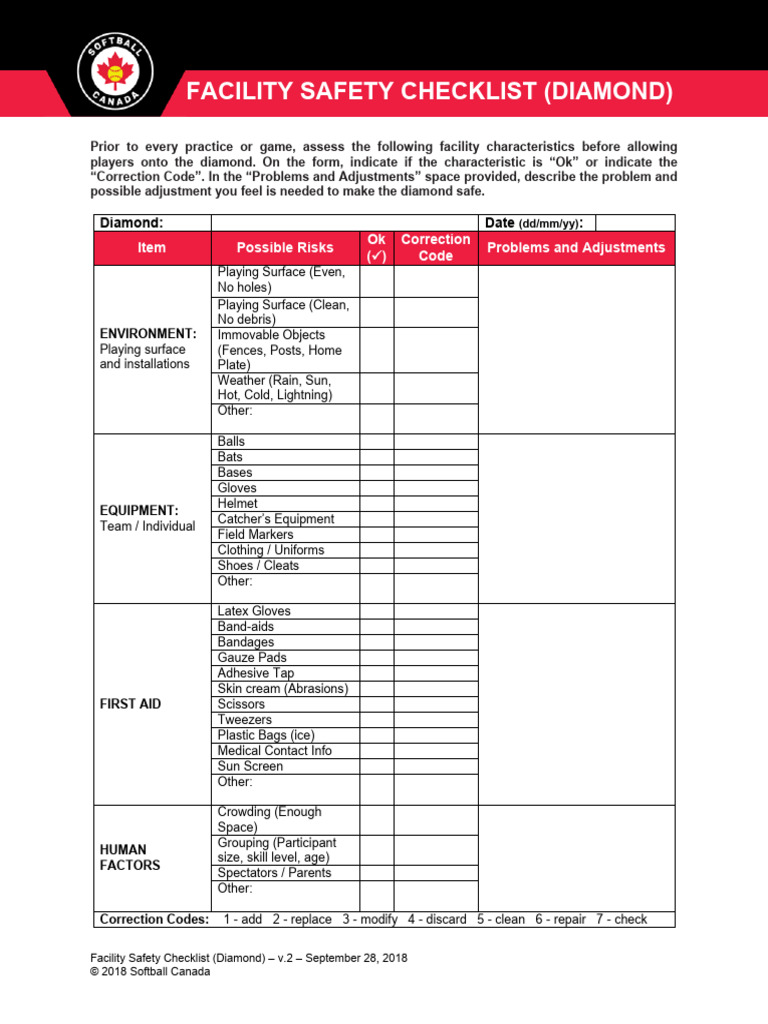 Softball Facility Safety Checklist | PDF | Softball