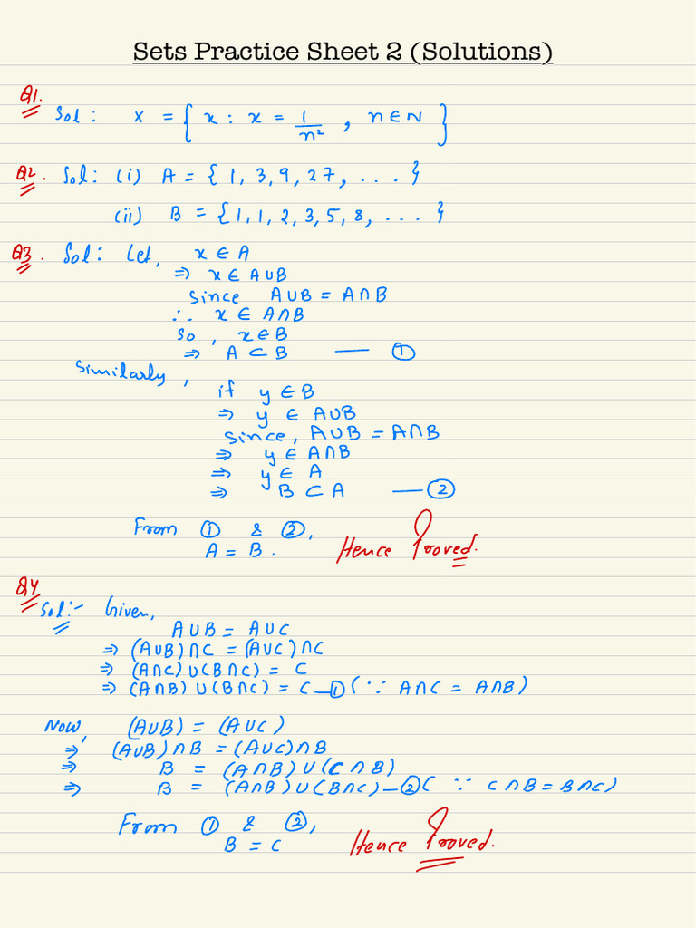 Sets Practice Sheet 2 Solutions | PDF