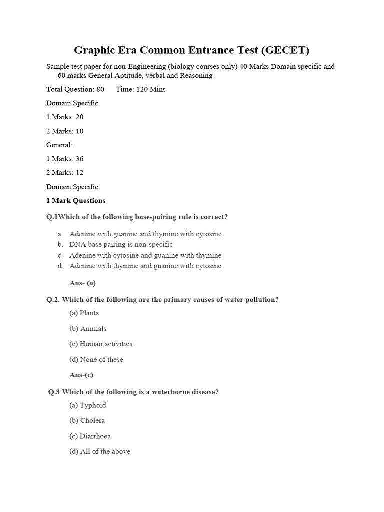 Biotech NonEng Sample Test GECET (1) | PDF | Dna | Acid