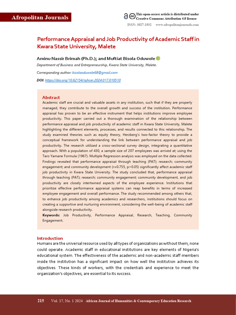 Performance Appraisal and Job Productivity of Acad | PDF | Performance ...