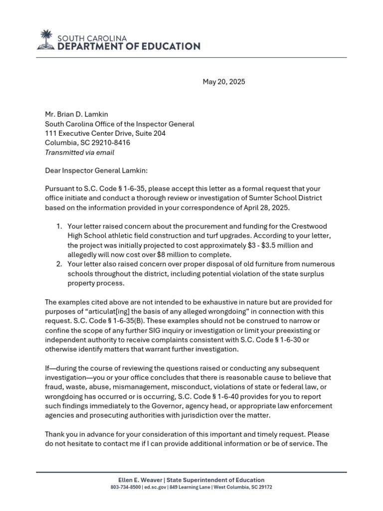 Letter from SC Superintendent of Education Ellen Weaver Requesting ...