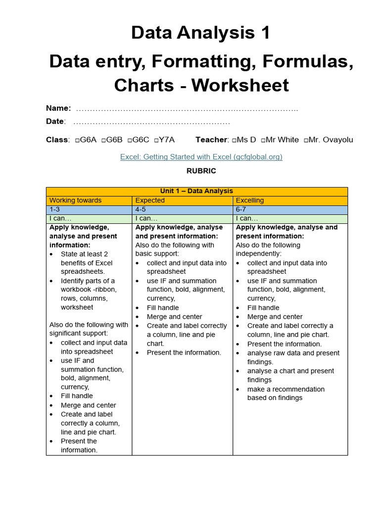 Data Analysis 1 - Learning Worksheet Act | PDF | Spreadsheet ...