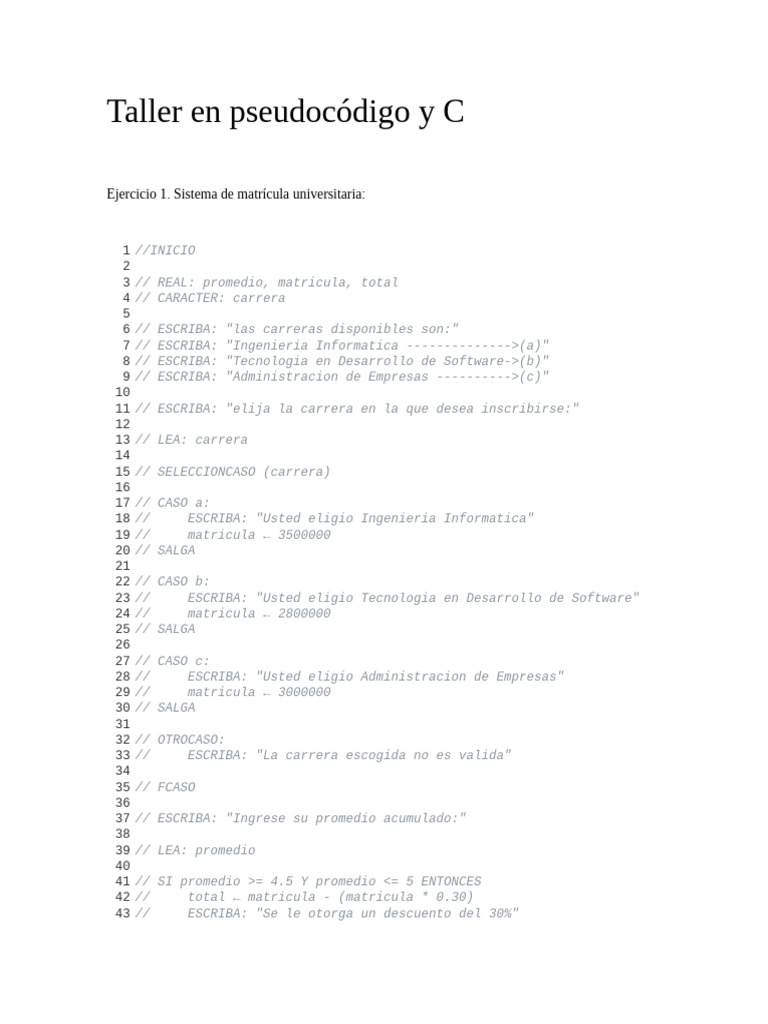 Taller en Pseudocódigo y C | PDF | Ciencias de la Computación ...