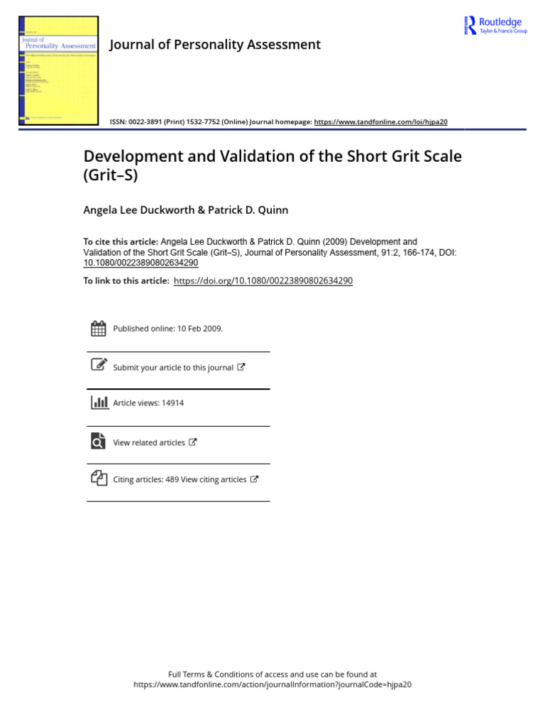 Development and Validation of the Short Grit Scale | PDF | Grit ...