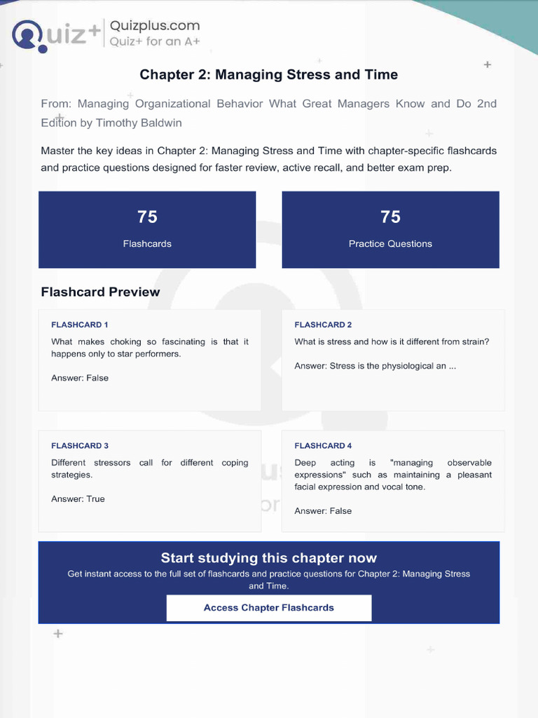 Flashcards for Chapter 2 Managing Stress and Time | PDF
