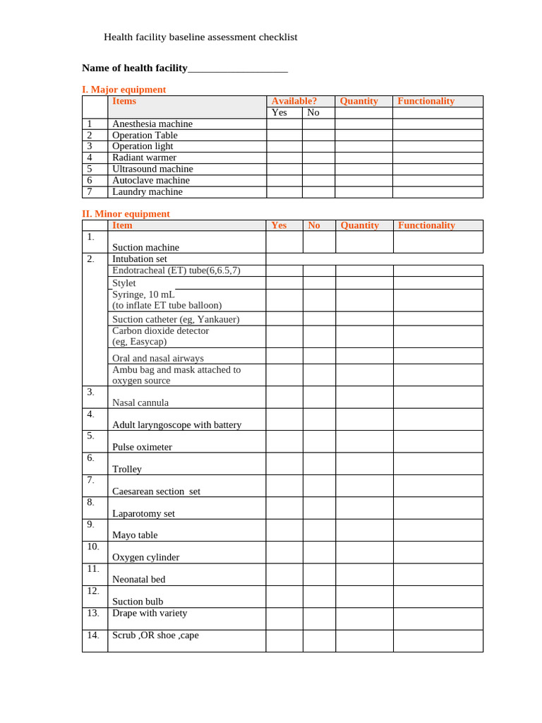 Health Center Assessment Chelist | PDF