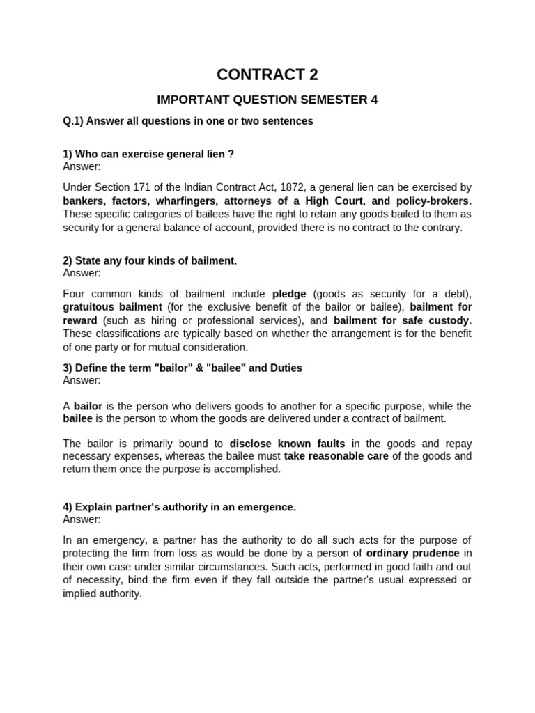 CONTRACT 2 Important Questions and Answer | PDF | Guarantee | Law Of Agency